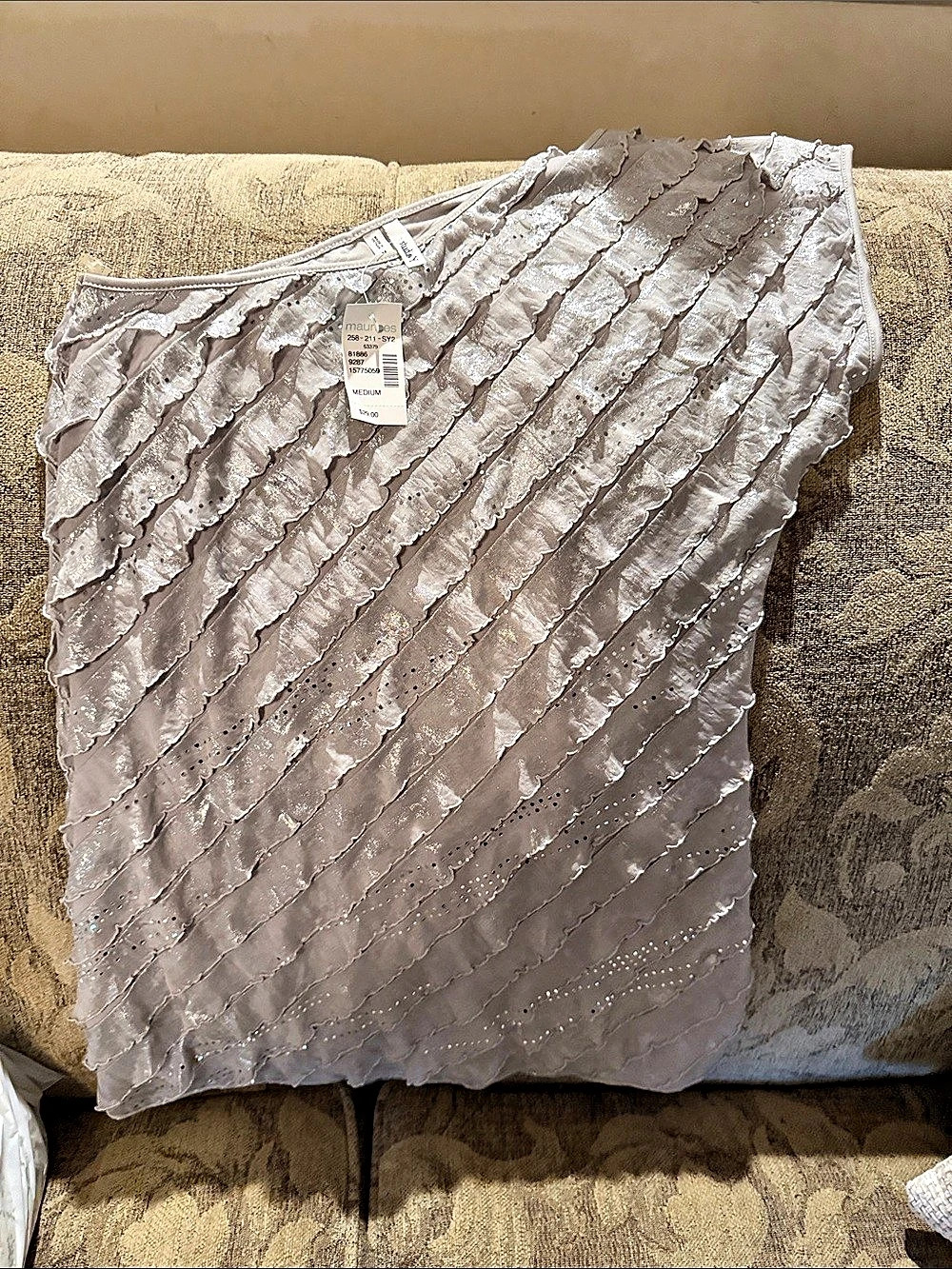 Maurices Ruffled Embellished cold shoulder Top in Gray Medium NWT